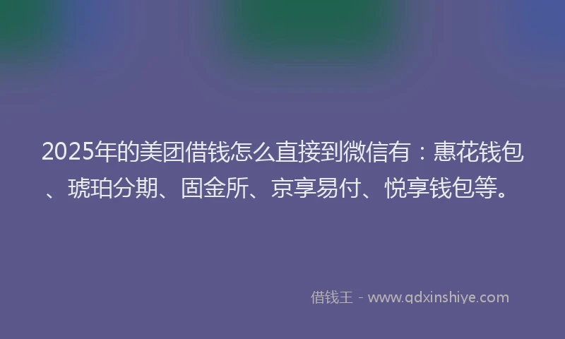 2025年的美团借钱怎么直接到微信有：惠花钱包、琥珀分期、固金所、京享易付、悦享钱包等。