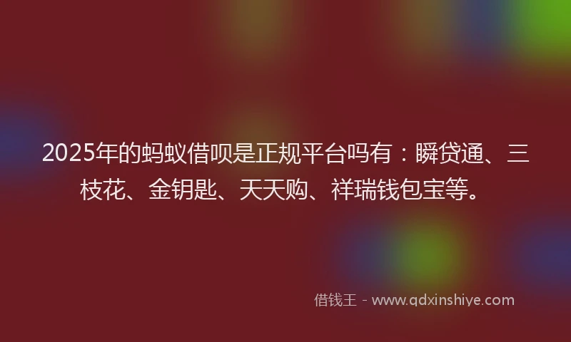 2025年的蚂蚁借呗是正规平台吗有：瞬贷通、三枝花、金钥匙、天天购、祥瑞钱包宝等。