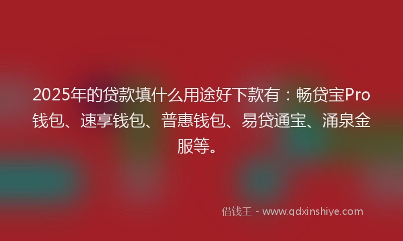 2025年的贷款填什么用途好下款有：畅贷宝Pro钱包、速享钱包、普惠钱包、易贷通宝、涌泉金服等。