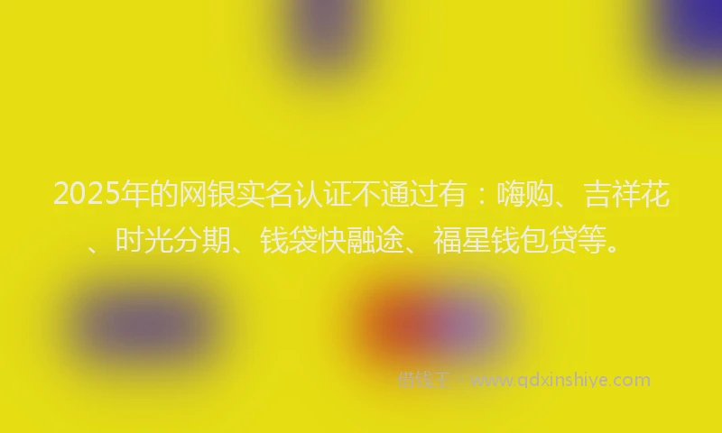 2025年的网银实名认证不通过有：嗨购、吉祥花、时光分期、钱袋快融途、福星钱包贷等。