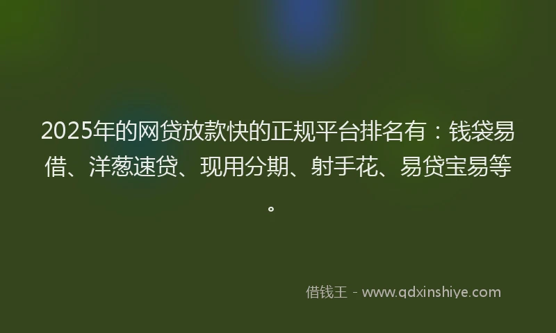 2025年的网贷放款快的正规平台排名有：钱袋易借、洋葱速贷、现用分期、射手花、易贷宝易等。