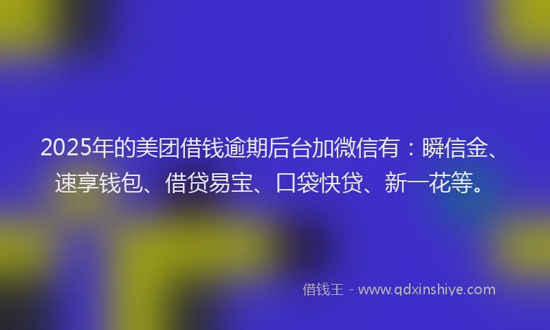 2025年的美团借钱逾期后台加微信有：瞬信金、速享钱包、借贷易宝、口袋快贷、新一花等。