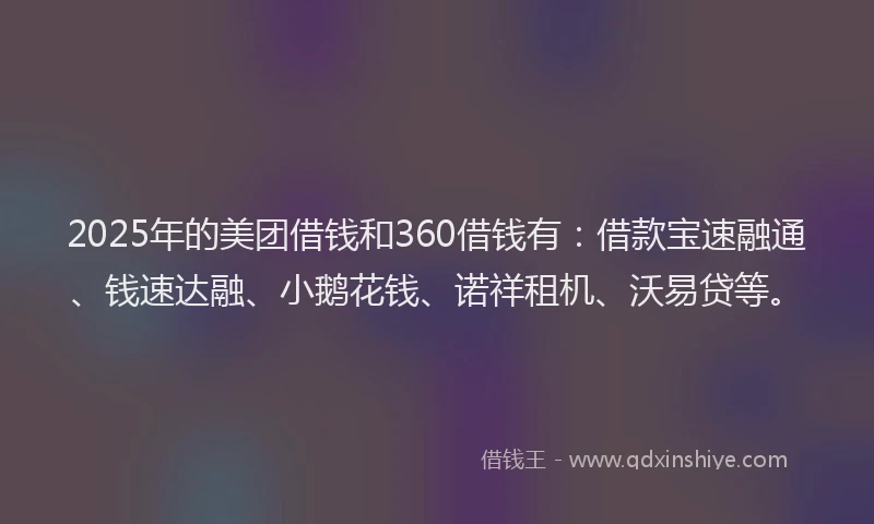 2025年的美团借钱和360借钱有：借款宝速融通、钱速达融、小鹅花钱、诺祥租机、沃易贷等。