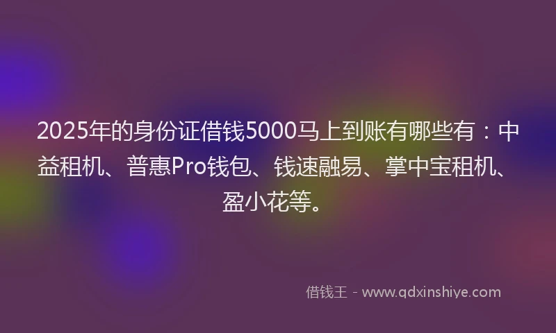 2025年的身份证借钱5000马上到账有哪些有：中益租机、普惠Pro钱包、钱速融易、掌中宝租机、盈小花等。