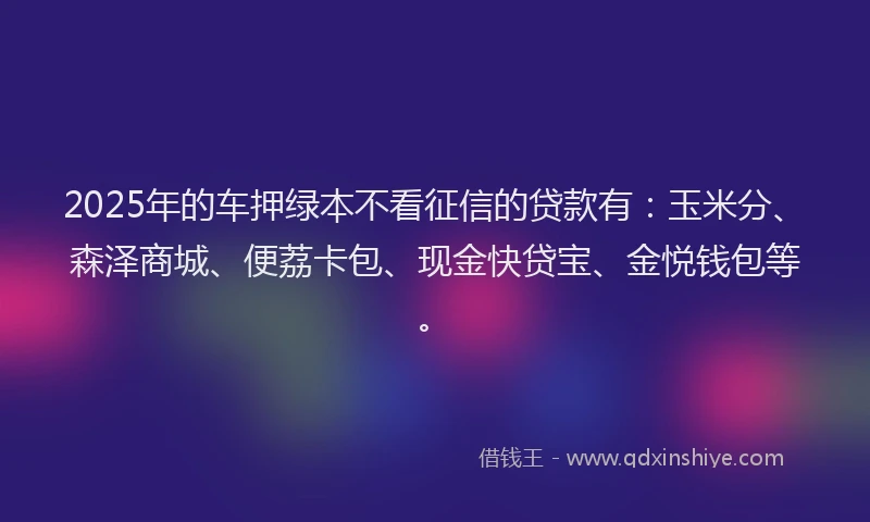 2025年的车押绿本不看征信的贷款有：玉米分、森泽商城、便荔卡包、现金快贷宝、金悦钱包等。