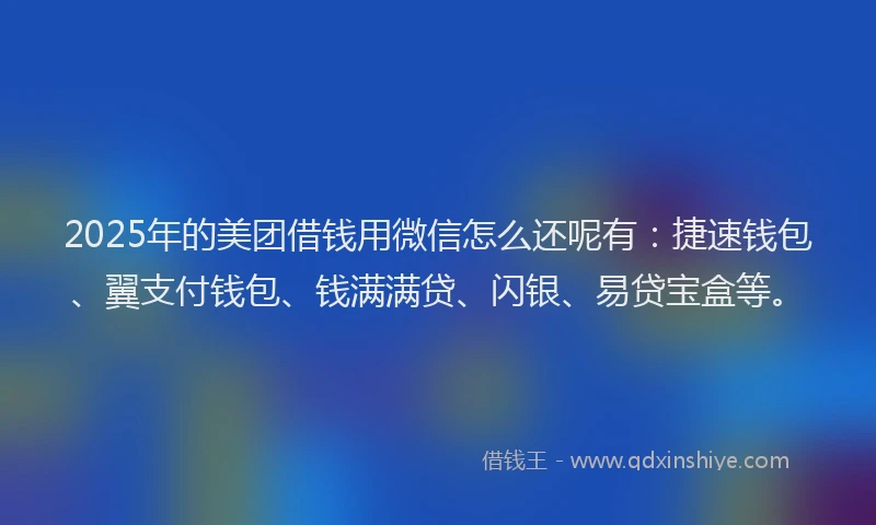 2025年的美团借钱用微信怎么还呢有：捷速钱包、翼支付钱包、钱满满贷、闪银、易贷宝盒等。