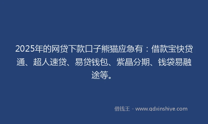 2025年的网贷下款口子熊猫应急有：借款宝快贷通、超人速贷、易贷钱包、紫晶分期、钱袋易融途等。