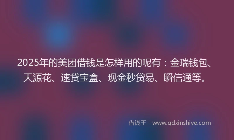 2025年的美团借钱是怎样用的呢有：金瑞钱包、天源花、速贷宝盒、现金秒贷易、瞬信通等。