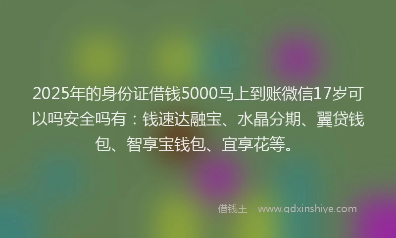 2025年的身份证借钱5000马上到账微信17岁可以吗安全吗有：钱速达融宝、水晶分期、翼贷钱包、智享宝钱包、宜享花等。