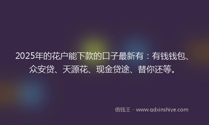 2025年的花户能下款的口子最新有：有钱钱包、众安贷、天源花、现金贷途、替你还等。
