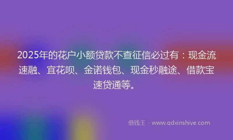 2025年的花户小额贷款不查征信必过有：现金流速融、宜花呗、金诺钱包、现金秒融途、借款宝速贷通等。