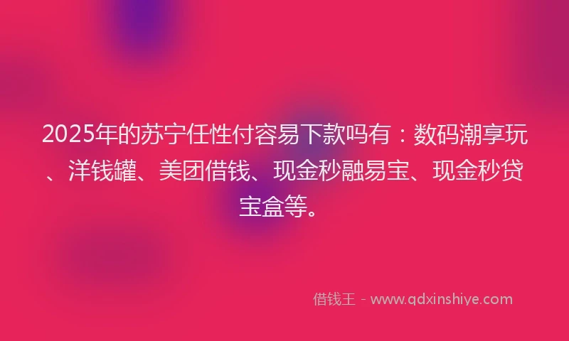 2025年的苏宁任性付容易下款吗有：数码潮享玩、洋钱罐、美团借钱、现金秒融易宝、现金秒贷宝盒等。