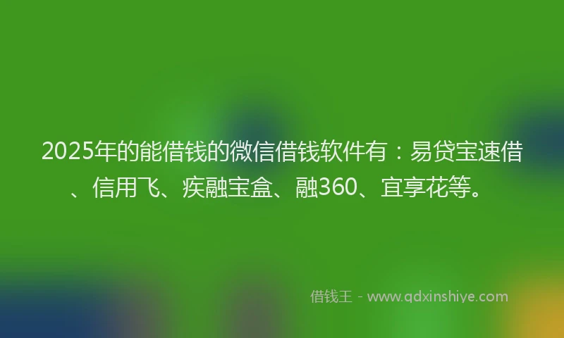 2025年的能借钱的微信借钱软件有：易贷宝速借、信用飞、疾融宝盒、融360、宜享花等。