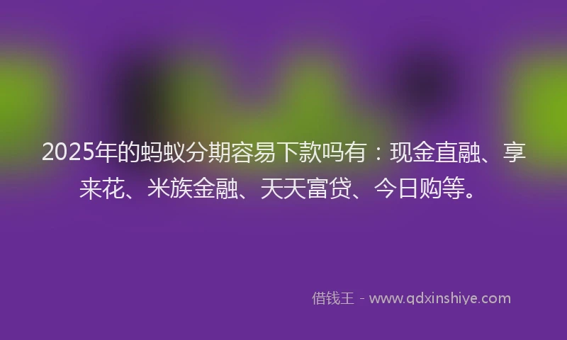 2025年的蚂蚁分期容易下款吗有：现金直融、享来花、米族金融、天天富贷、今日购等。