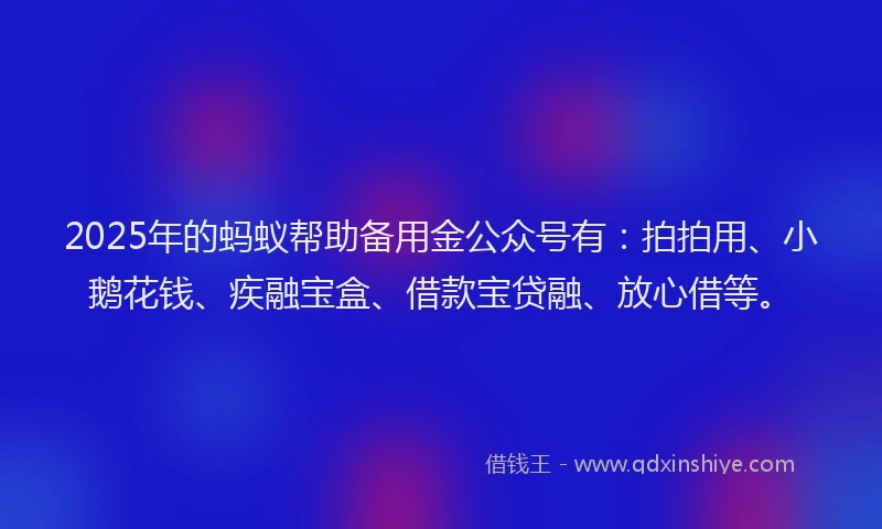 2025年的蚂蚁帮助备用金公众号有：拍拍用、小鹅花钱、疾融宝盒、借款宝贷融、放心借等。