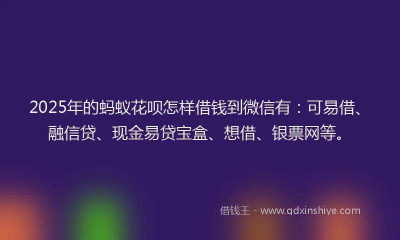 2025年的蚂蚁花呗怎样借钱到微信有：可易借、融信贷、现金易贷宝盒、想借、银票网等。