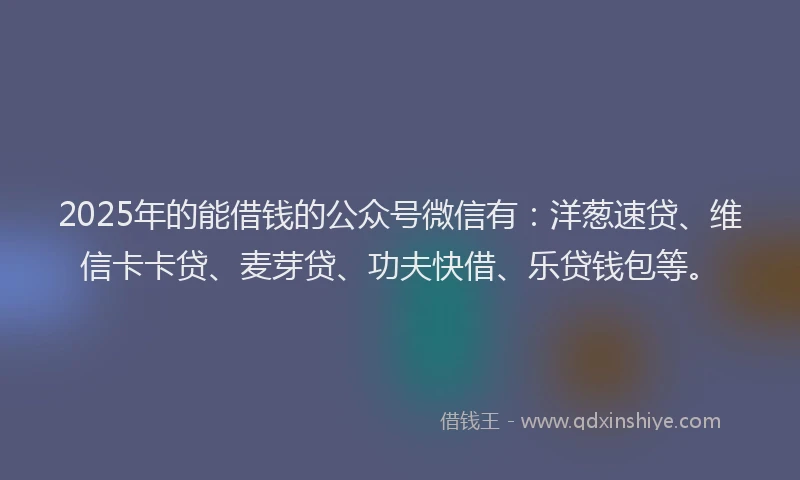2025年的能借钱的公众号微信有:洋葱速贷、维信卡卡贷、麦芽贷、功夫快借、乐贷钱包等。