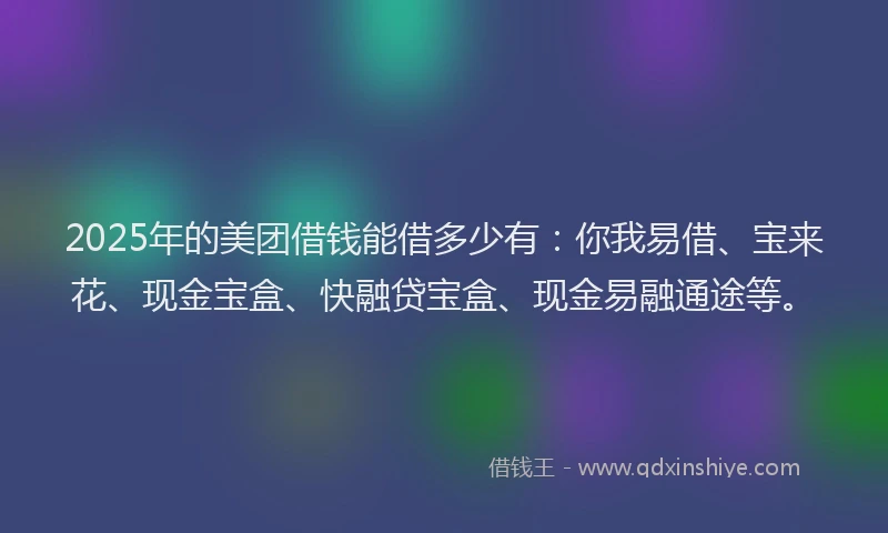 2025年的美团借钱能借多少有：你我易借、宝来花、现金宝盒、快融贷宝盒、现金易融通途等。
