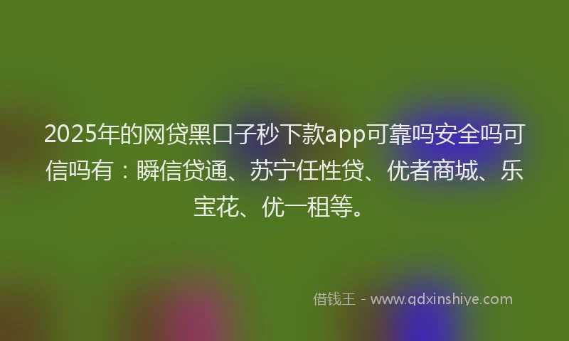 2025年的网贷黑口子秒下款app可靠吗安全吗可信吗有：瞬信贷通、苏宁任性贷、优者商城、乐宝花、优一租等。