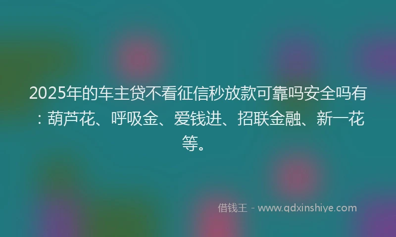 2025年的车主贷不看征信秒放款可靠吗安全吗有：葫芦花、呼吸金、爱钱进、招联金融、新一花等。