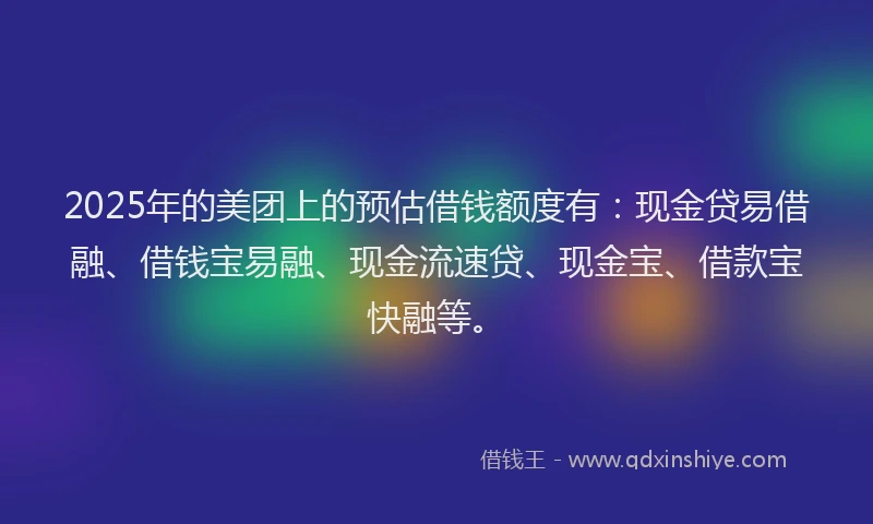 2025年的美团上的预估借钱额度有：现金贷易借融、借钱宝易融、现金流速贷、现金宝、借款宝快融等。