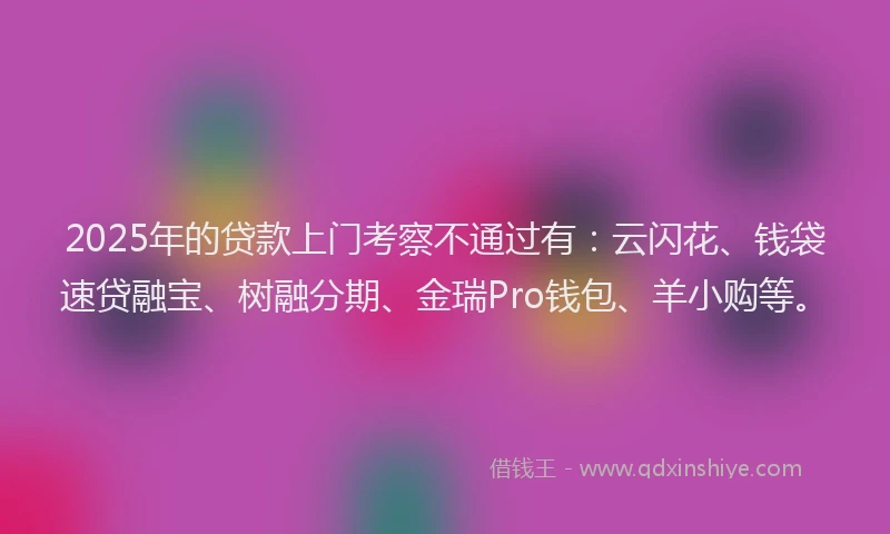 2025年的贷款上门考察不通过有：云闪花、钱袋速贷融宝、树融分期、金瑞Pro钱包、羊小购等。