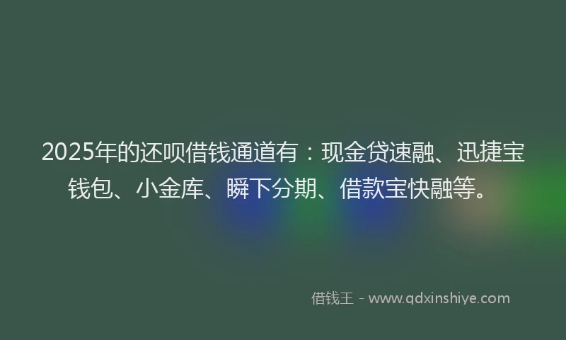 2025年的还呗借钱通道有：现金贷速融、迅捷宝钱包、小金库、瞬下分期、借款宝快融等。