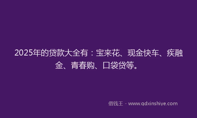 2025年的贷款大全有：宝来花、现金快车、疾融金、青春购、口袋贷等。