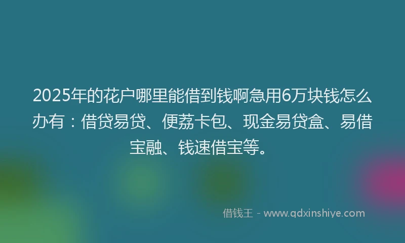 2025年的花户哪里能借到钱啊急用6万块钱怎么办有：借贷易贷、便荔卡包、现金易贷盒、易借宝融、钱速借宝等。