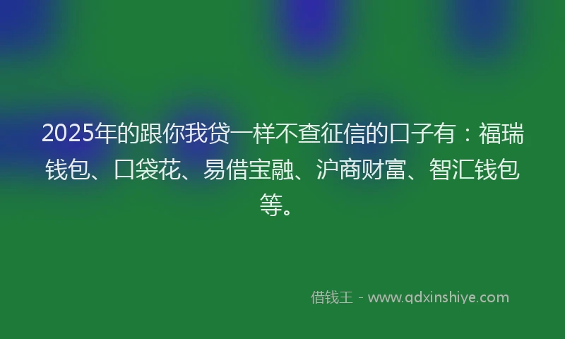2025年的跟你我贷一样不查征信的口子有：福瑞钱包、口袋花、易借宝融、沪商财富、智汇钱包等。