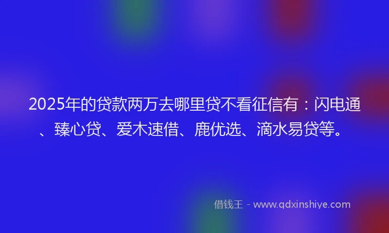 2025年的贷款两万去哪里贷不看征信有：闪电通、臻心贷、爱木速借、鹿优选、滴水易贷等。