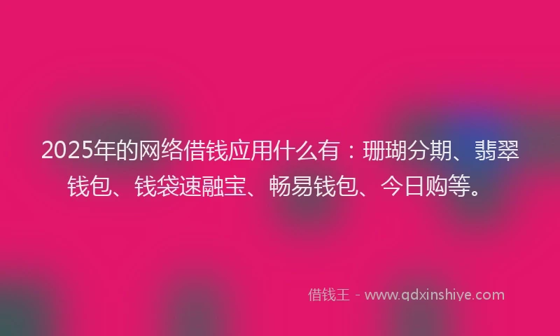 2025年的网络借钱应用什么有：珊瑚分期、翡翠钱包、钱袋速融宝、畅易钱包、今日购等。