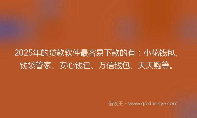 2025年的贷款软件最容易下款的有：小花钱包、钱袋管家、安心钱包、万信钱包、天天购等。