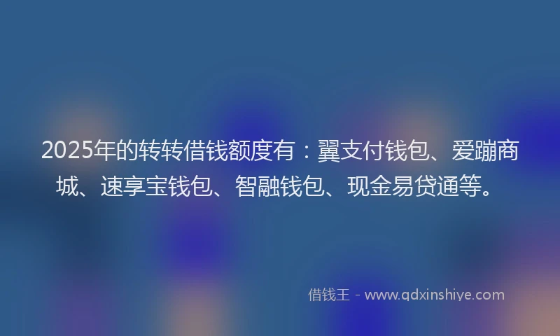 2025年的转转借钱额度有：翼支付钱包、爱蹦商城、速享宝钱包、智融钱包、现金易贷通等。