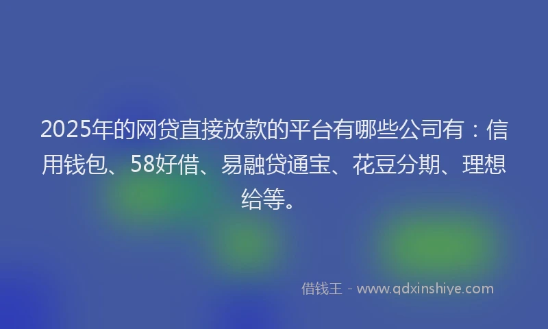 2025年的网贷直接放款的平台有哪些公司有：信用钱包、58好借、易融贷通宝、花豆分期、理想给等。