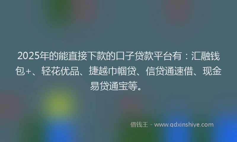 2025年的能直接下款的口子贷款平台有：汇融钱包+、轻花优品、捷越巾帼贷、信贷通速借、现金易贷通宝等。
