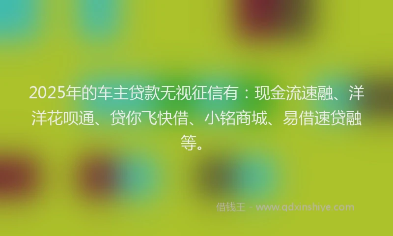2025年的车主贷款无视征信有：现金流速融、洋洋花呗通、贷你飞快借、小铭商城、易借速贷融等。