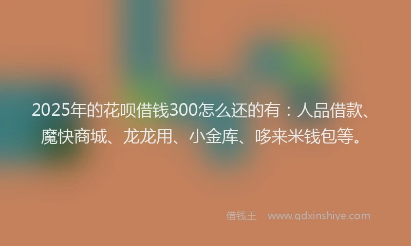 2025年的花呗借钱300怎么还的有：人品借款、魔快商城、龙龙用、小金库、哆来米钱包等。