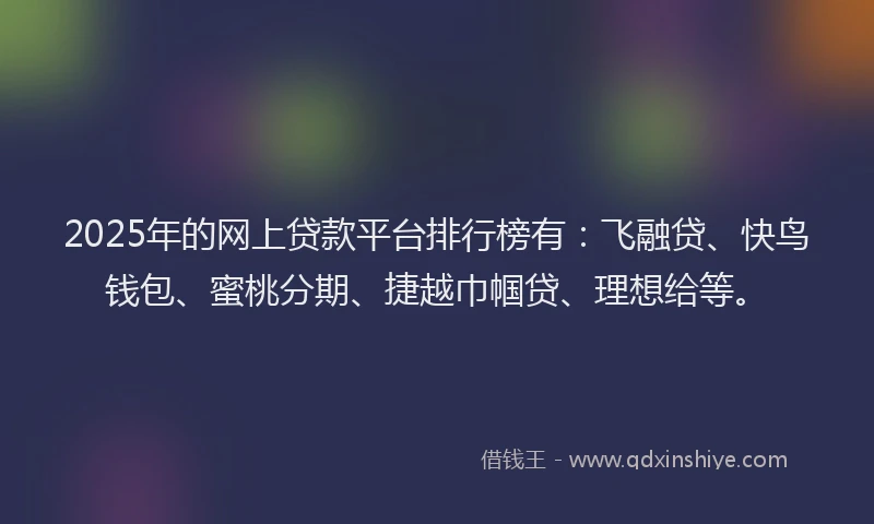 2025年的网上贷款平台排行榜有：飞融贷、快鸟钱包、蜜桃分期、捷越巾帼贷、理想给等。
