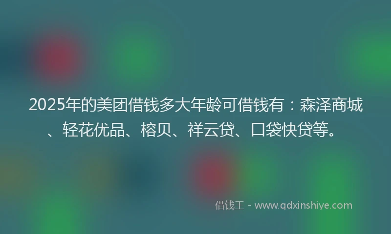 2025年的美团借钱多大年龄可借钱有：森泽商城、轻花优品、榕贝、祥云贷、口袋快贷等。