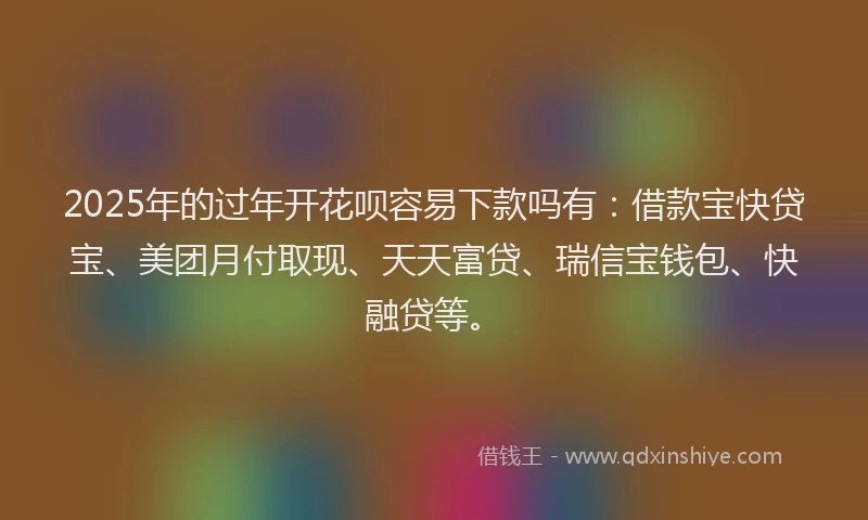 2025年的过年开花呗容易下款吗有：借款宝快贷宝、美团月付取现、天天富贷、瑞信宝钱包、快融贷等。
