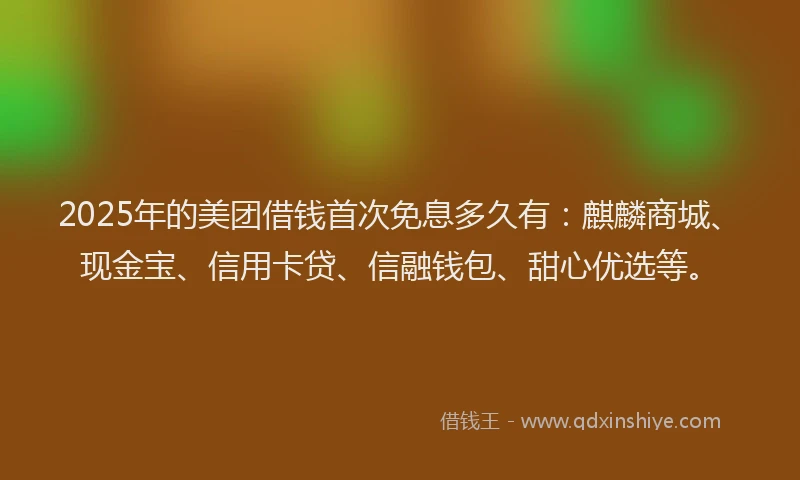 2025年的美团借钱首次免息多久有：麒麟商城、现金宝、信用卡贷、信融钱包、甜心优选等。