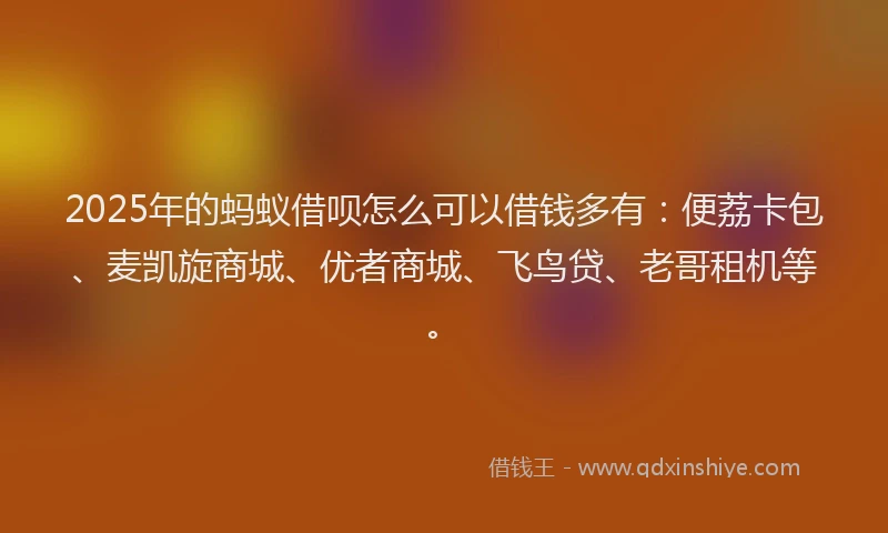 2025年的蚂蚁借呗怎么可以借钱多有：便荔卡包、麦凯旋商城、优者商城、飞鸟贷、老哥租机等。