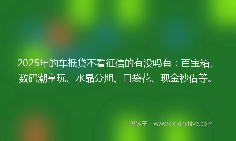 2025年的车抵贷不看征信的有没吗有：百宝箱、数码潮享玩、水晶分期、口袋花、现金秒借等。