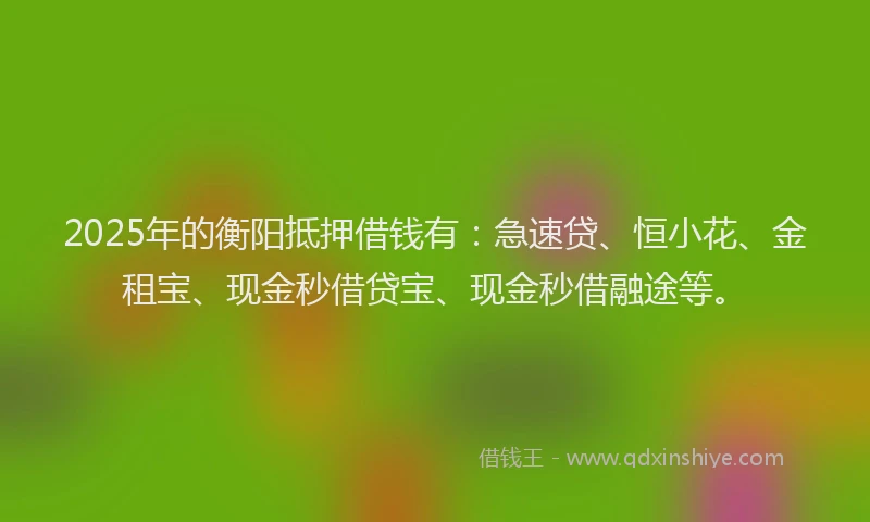 2025年的衡阳抵押借钱有：急速贷、恒小花、金租宝、现金秒借贷宝、现金秒借融途等。