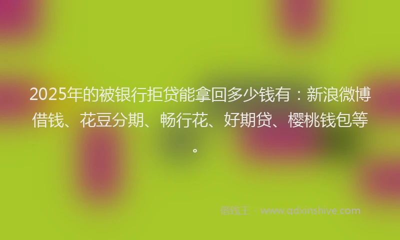 2025年的被银行拒贷能拿回多少钱有：新浪微博借钱、花豆分期、畅行花、好期贷、樱桃钱包等。