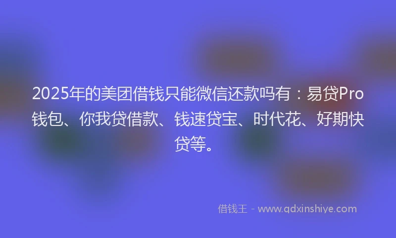 2025年的美团借钱只能微信还款吗有：易贷Pro钱包、你我贷借款、钱速贷宝、时代花、好期快贷等。