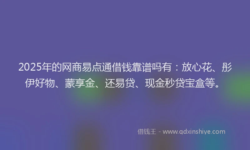 2025年的网商易点通借钱靠谱吗有：放心花、彤伊好物、蒙享金、还易贷、现金秒贷宝盒等。