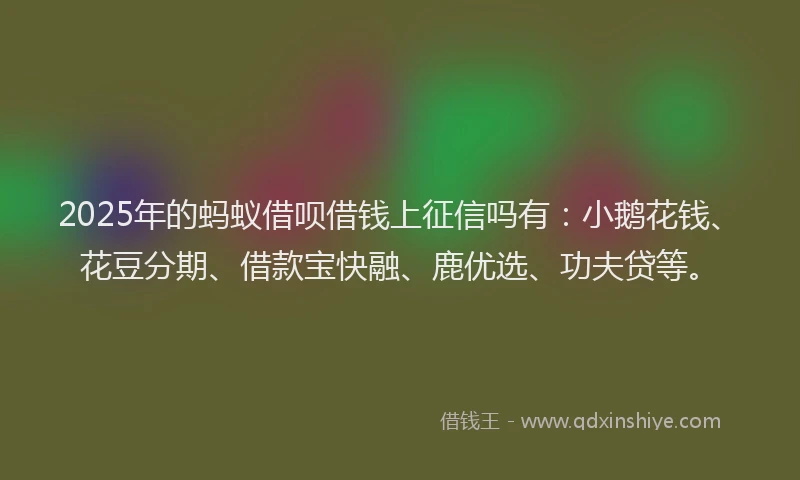 2025年的蚂蚁借呗借钱上征信吗有：小鹅花钱、花豆分期、借款宝快融、鹿优选、功夫贷等。