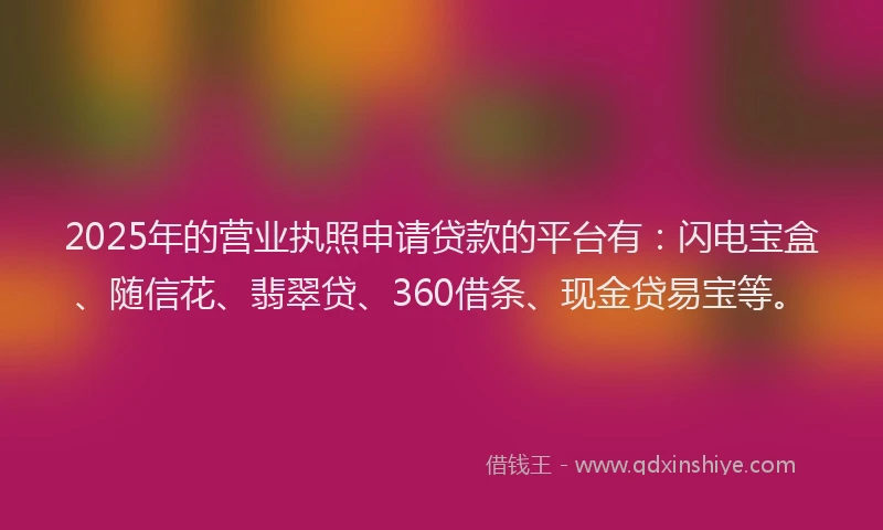2025年的营业执照申请贷款的平台有：闪电宝盒、随信花、翡翠贷、360借条、现金贷易宝等。